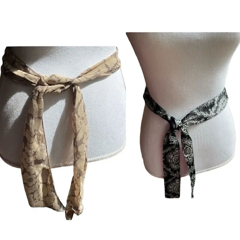 tie belts/slim scarves beige brown and black patterned